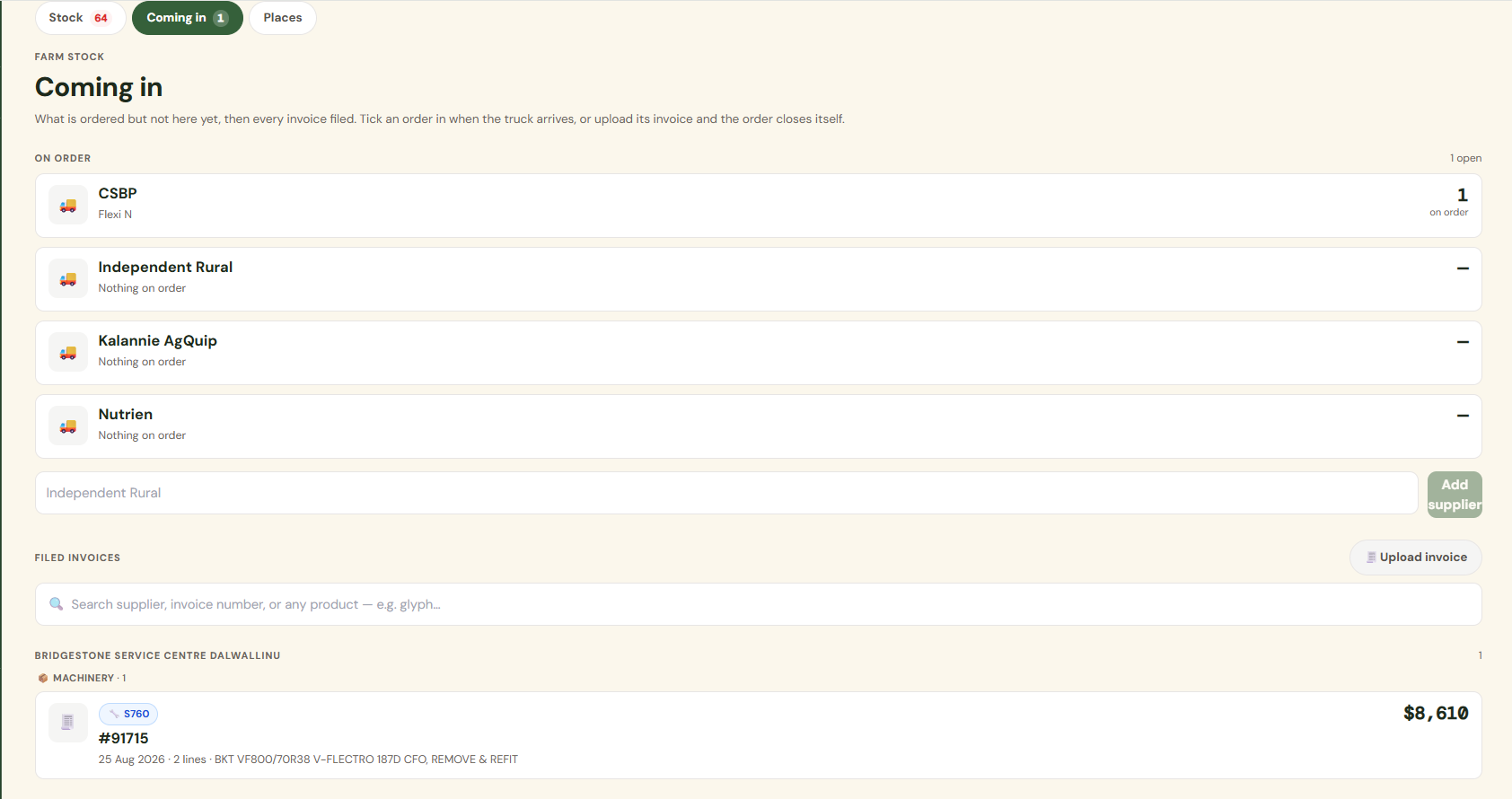 Coming in: orders by supplier and filed invoices