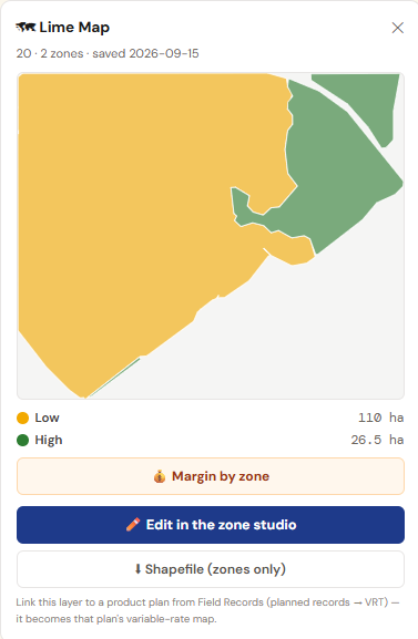 A saved lime zone map: two zones, low in amber and high in green
